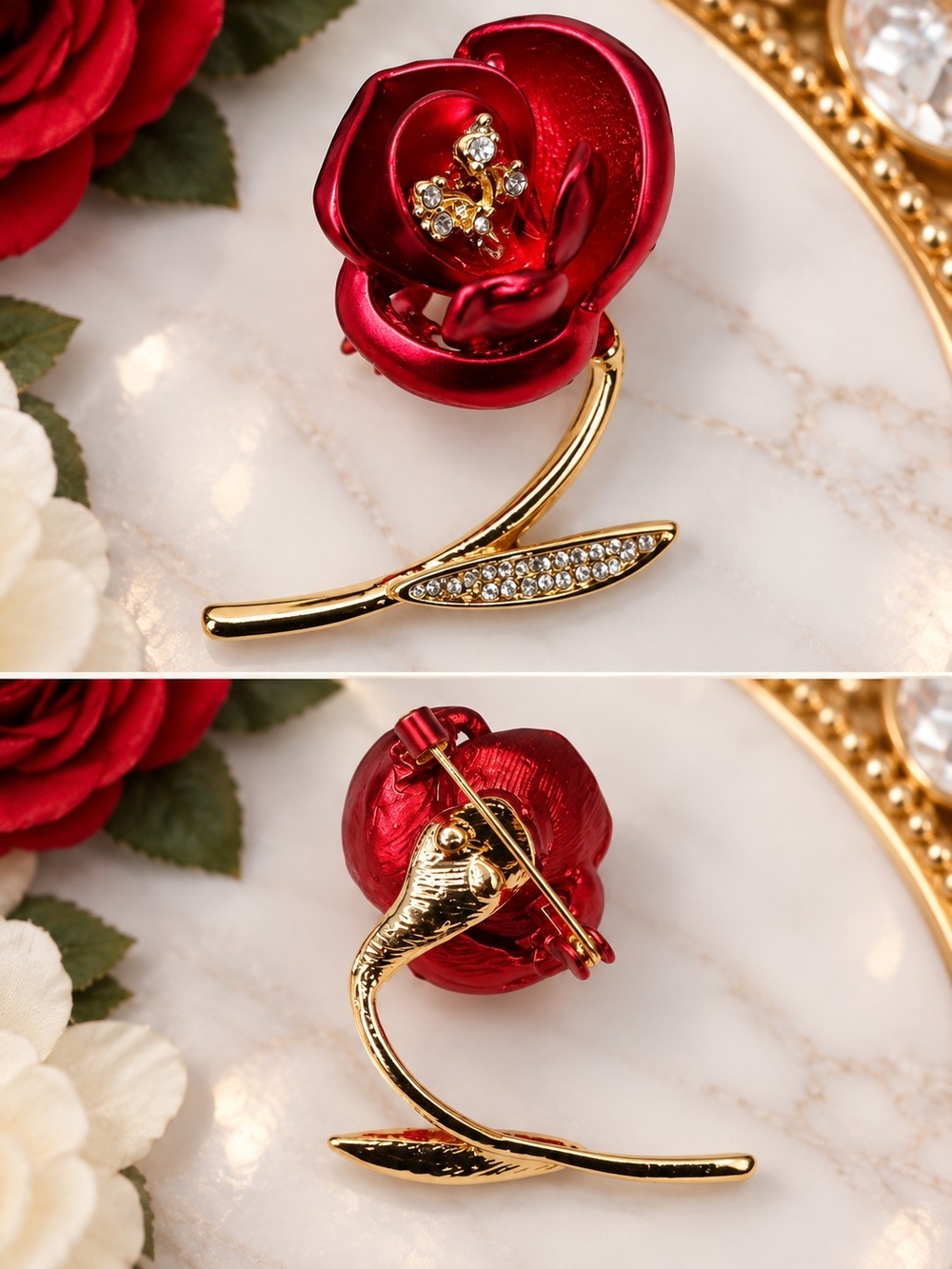 Gold & Red Crystal Rose Brooch Pin - Women Jewelry